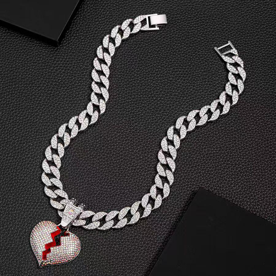 Men's Cuban Chain Hip Hop Necklace with Heart Pendant and Rhinestone Details