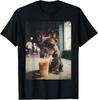 T-shirt Divertente Animale Bulldog Francese Che Beve Caffè Freddo