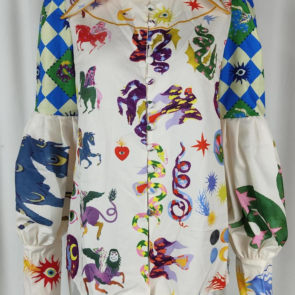 Women's Loose Graffiti Print Turn-Down Collar Lantern Long Sleeve Spring Cardigan Shirt