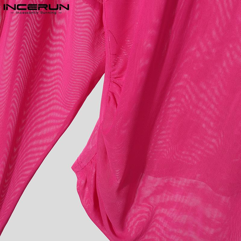 INCERUN Men High Neck Long Sleeve Ruffled See Through Tops Club Party Mesh Irregular T-Shirts