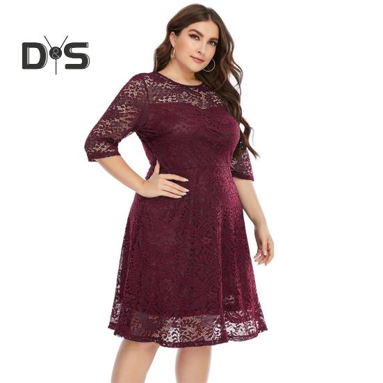 

Женское платье с круглым вырезом и рукавами 3/4, с высокой талией, ажурной кружевной строчкой, элегантное вечернее платье больших размеров, летнее повседневное платье-туника в уличном стиле 4XL