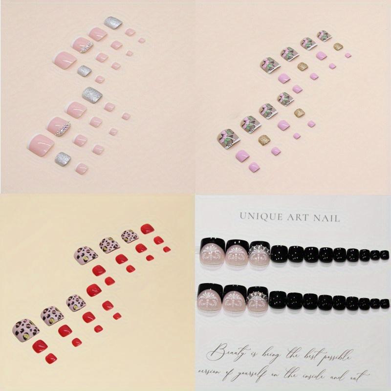 

1 комплект, 4 коробки, короткие закругленные квадратные накладки на ногти, комбинированный набор для весны и лета, накладные ногти для педикюра с полным покрытием для женщин 4box