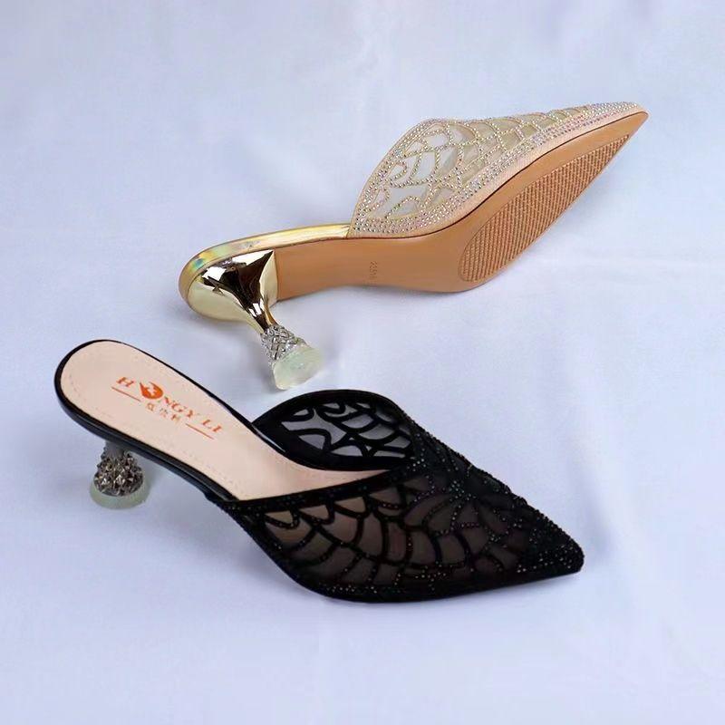 Fashion FHC 2024 New Microfiber Leather Rhinestone Hollow Out Slides,Women Slippers,Summer Shoes,Close Pointed Toe,Slip On,Gold,Dropship