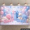 2D plane gender reveal theme party banner background. Light blue and fresh color scheme, featuring balloons and teddy be