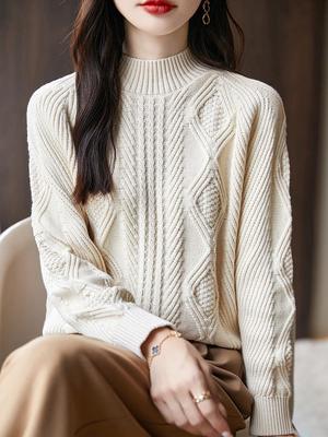 Women's 100% Cotton Half-High Neck Sweater - Autumn Winter Korean-Style Loose Pullover Knit Top