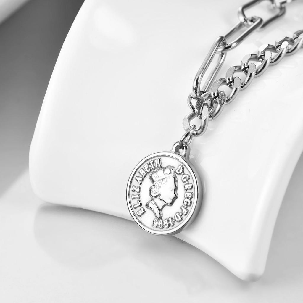 Elegant 7MM Round English Queen Coin Pendant Necklace with OT Buckle in Stainless Steel.