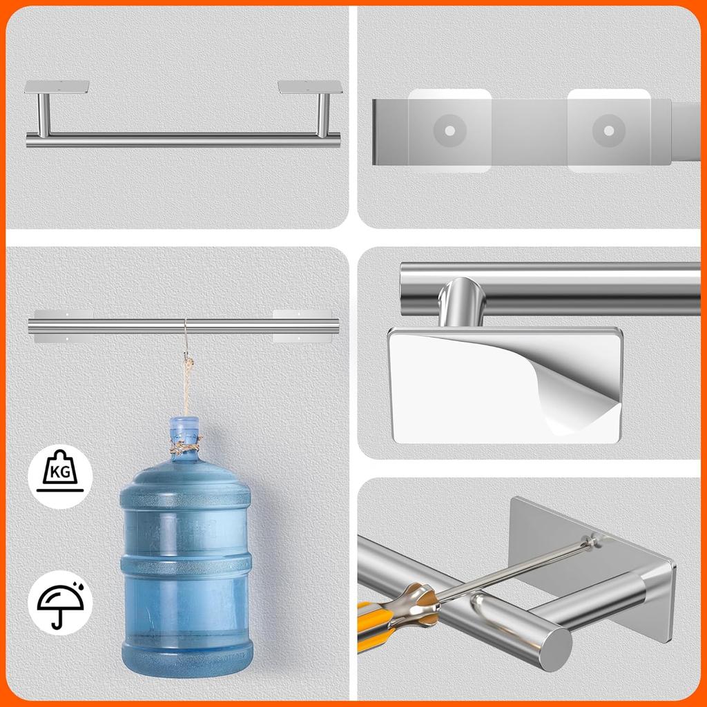 Towel Racks for Bathroom,QIYOOO 10pcs Upgraded Version Thickened SUS304 Stainless Steel Self Adhesive Towel Bar Set,Self-Adhesive/Drilled