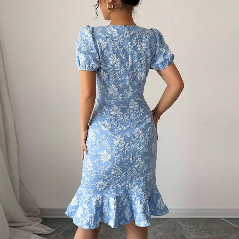 Summer New Style Little Daisy Embossed Dress Short-sleeved Slim Fishtail Skirt YDX1115