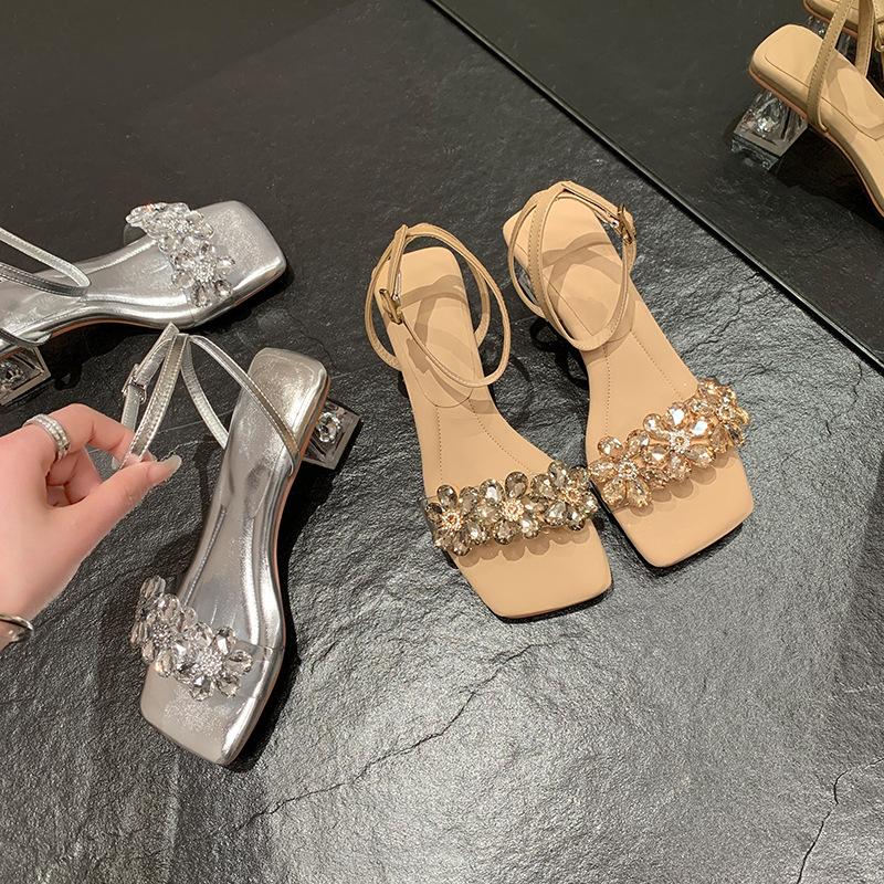 Square head French silver sandals women's summer 2025 new one-word with flower rhinestone transparent thick heel high heels