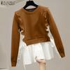 ZANZEA Women Vintage U-Neck Long Sleeve Fake Two Piece Pullover Sweaters