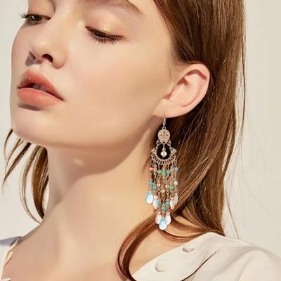 1 Pair Women Hook Earrings Vintage Ethnic Style Exaggerated Hollow Out Beads Waterdrop Shape Bohemian Ear Decoration Jewelry Vacation Earrings