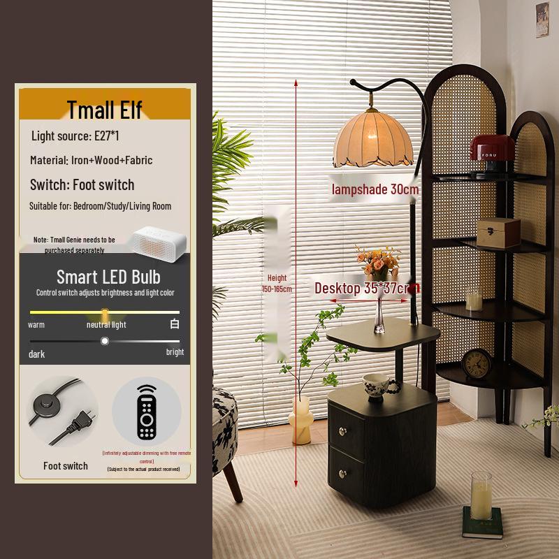 French Mid-Century Smart Bedside Table: Solid Wood, Integrated Lamp, Creative Storage Shelf