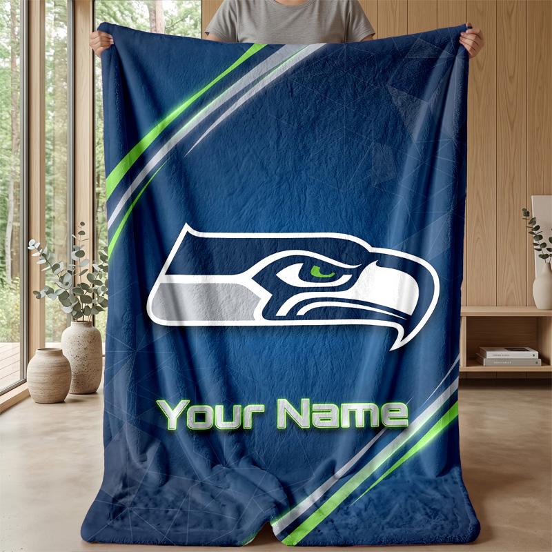 Seattle Seahawks Custom Flannel Throw Blanket Print Your Name Text Soft Warm Blanket Holiday Present