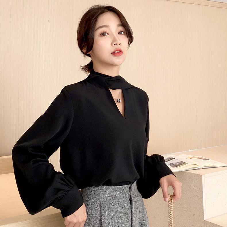 

Корейский шик 2025 Весна V-образный вырез лента длинный рукав свободный топ для женщин XL чёрный