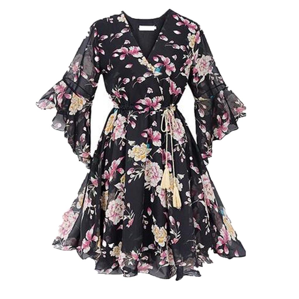 Women Fashion Casual Chiffon Floral Printing Short Sleeve V-Neck  Party Dress