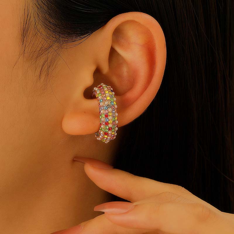 Luxury Colorful Crystal Zircon Pearl Ear Clip Earrings for Women Fashion Metal C-Shaped No Pierced Cartilage Ear Cuff Jewelry