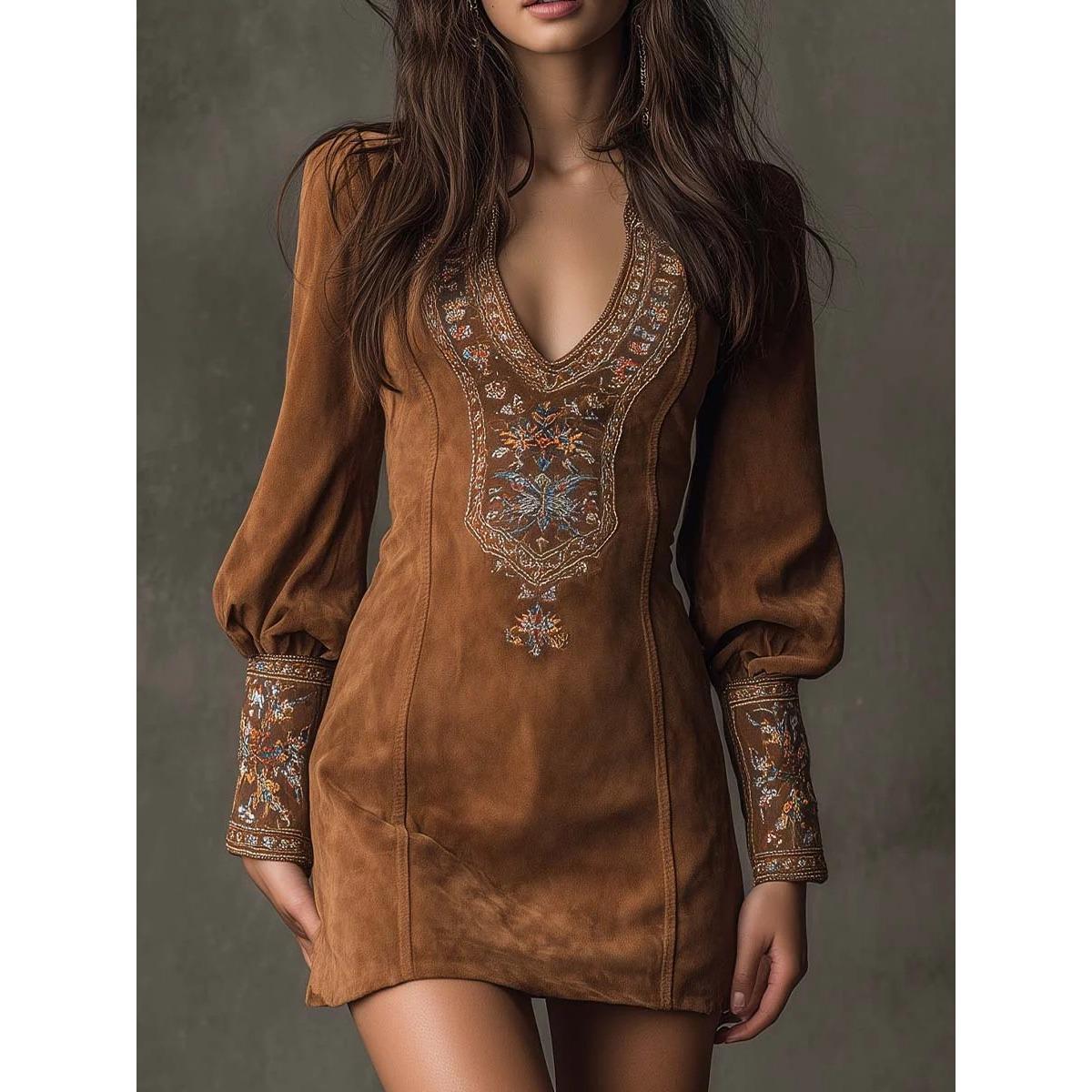 

Women s Sexy V-neck Long Sleeve Embroidered Dress, European American Style Casual Cocktail Party Dress for Women XS