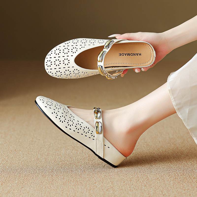 Krazing Pot Cow Skin Mules Round Toe Size 42 Low Heels Slip On Light Shoes Increased Hollow Style Autumn Pumps