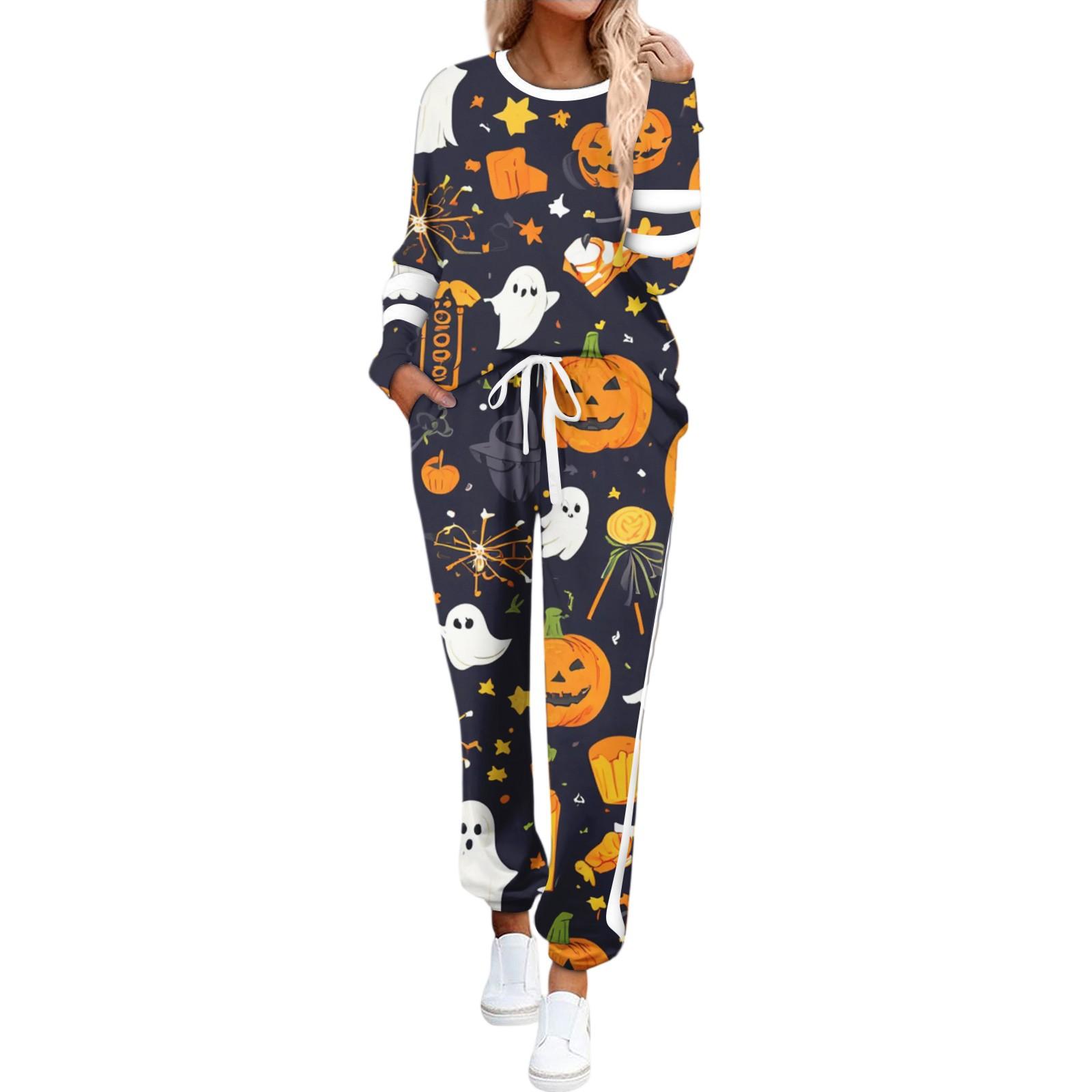 

Women s Round Neck Long Sleeve Suit Halloween Printed Casual Suit Long Pants With Pockets M