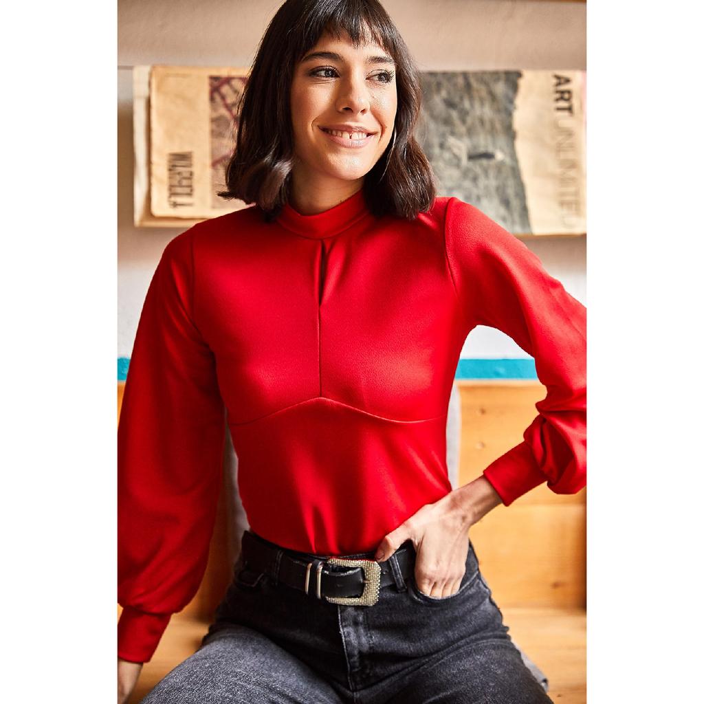 Women's Black Front Drop Balloon Sleeve Crepe Blouse Blz-19000708
