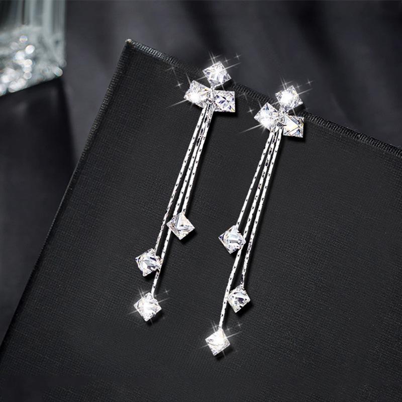 S925 Silver Needle Square Zircon Tassel Earrings for Women - Celebrity Style, Versatile, Sweet, Temperament.