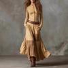 Women'S Retro Splicing Patch Wide Leg Loose High Waist Elastic Straight Long Sleeve Long Dress