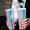 1L Disposable Rainbow Milk Tea Cup with Lid, 98mm Caliber, Colorful Laser Film Inner