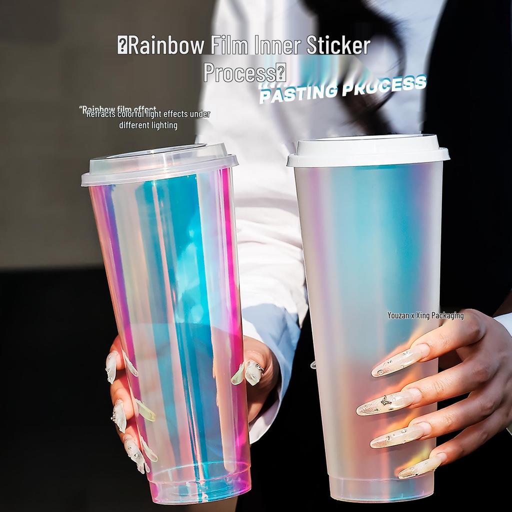 1L Disposable Rainbow Milk Tea Cup with Lid, 98mm Caliber, Colorful Laser Film Inner