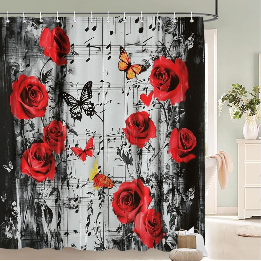 Watercolor Red Roses Flowers And Butterflies Shower Curtain Bath Curtain Printing Bathroom Curtains For Home Decoration Curtain