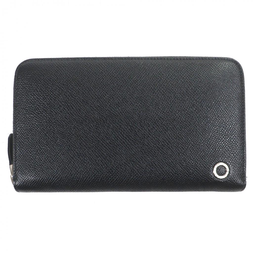 Great BVLGARI Purse Logo Metal Round Zip Long Wallet black leather mens Used
