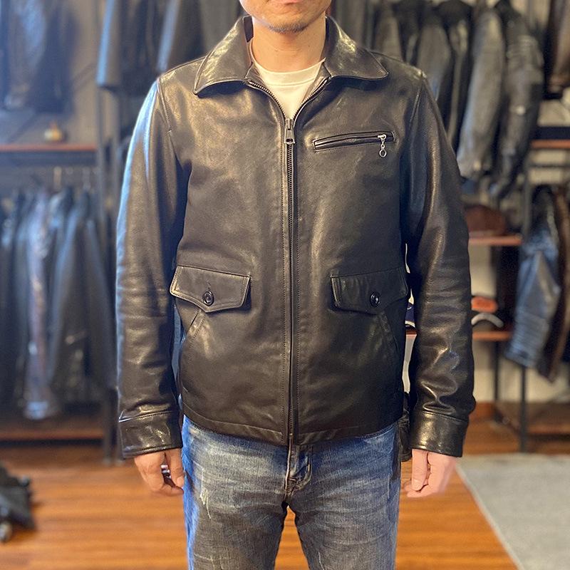 Jacky Cheung Men's Waxed Goatskin Leather Jacket with Lapel