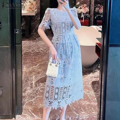 Women Casual Round Neck Short Sleeve Lace Ctochet Patchwork Dress