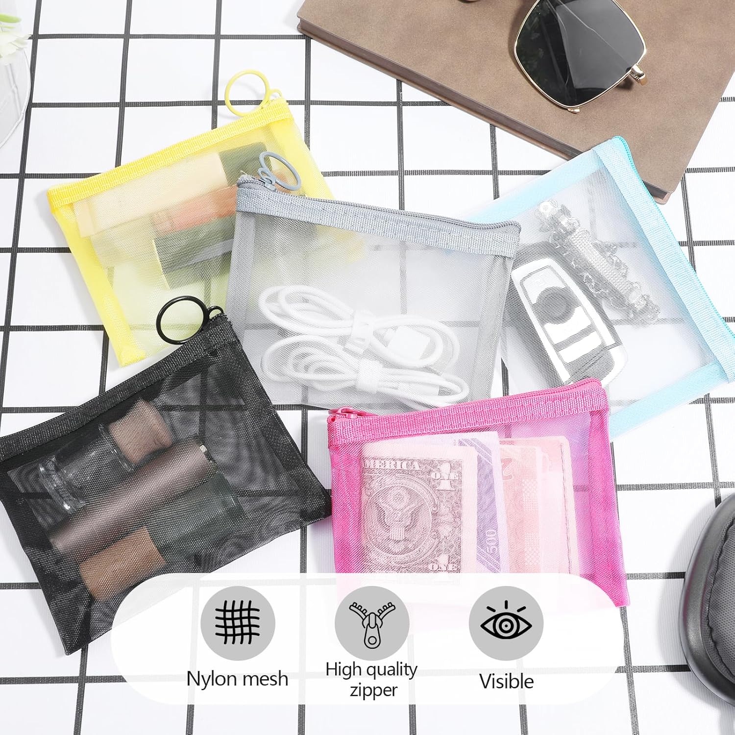 5 PCS Clear Mesh Zipper Pouches, Purse Organizer Pouches Portable Cosmetic Bag See Through Lipstick Pouch Clear Zipper Pouch Bags Small Mesh Makeup