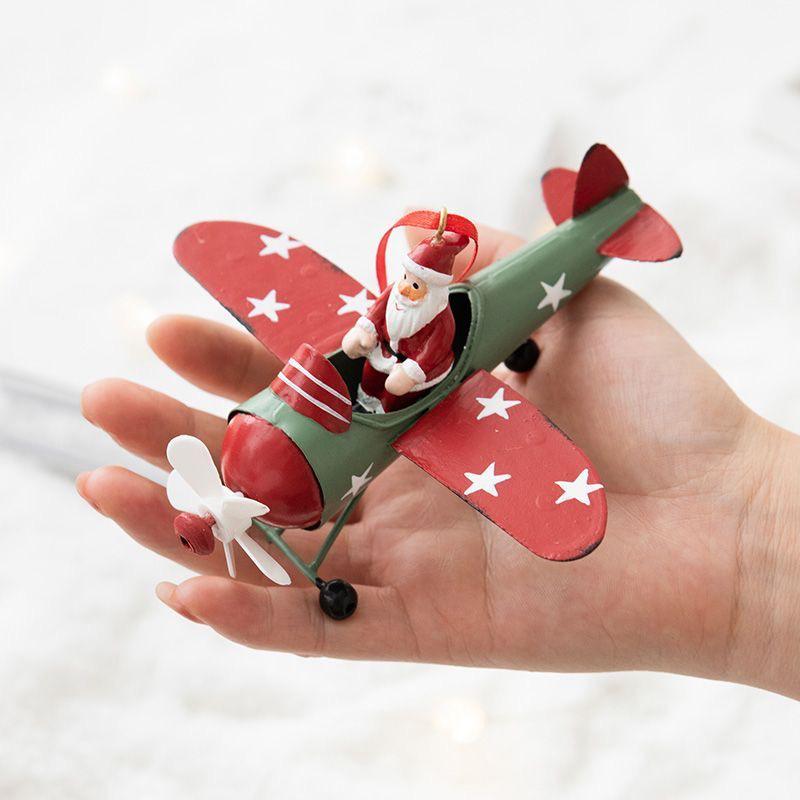 Wrought Iron Airplane Christmas Ornaments Santa Snowman Reindeer Pilot Hanging Decor Vintage Style Xmas Tree Decoration