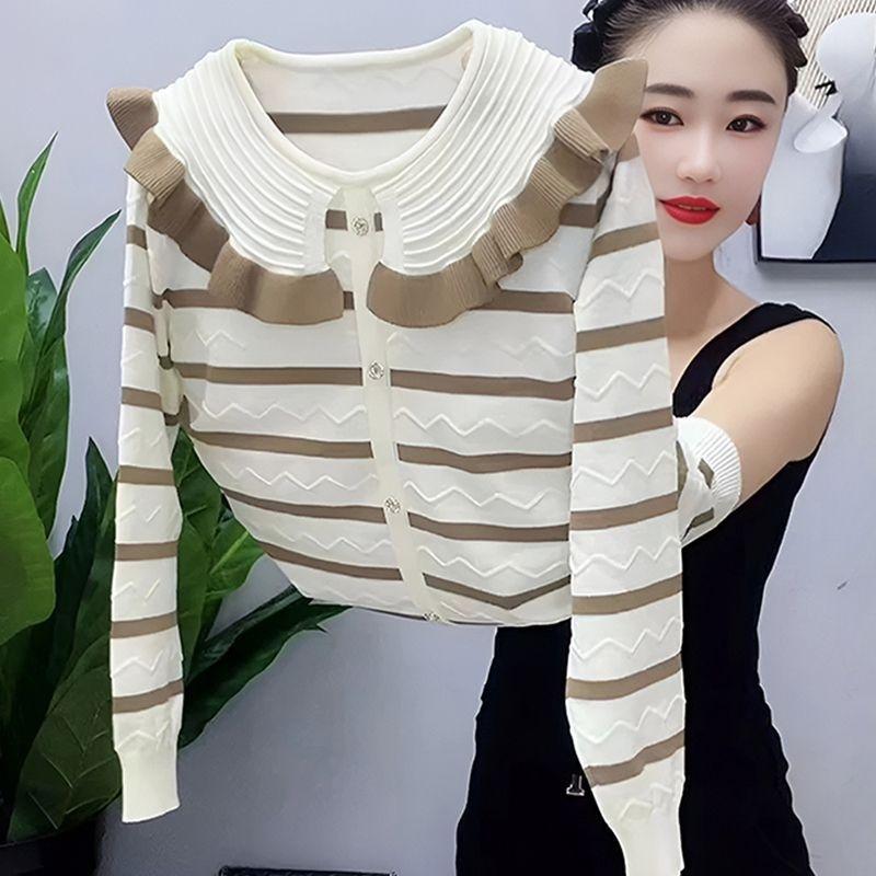 

Модный и молодежный полосатый пуловер, вязаный свитер для женщин, осенний новый стиль, стильный и универсальный, свободный и стройнящий топ с длинным рукавом One size кофейный