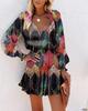 Trendy Women's Print V-Neck Waist-Cinching Dress with Long Sleeves
