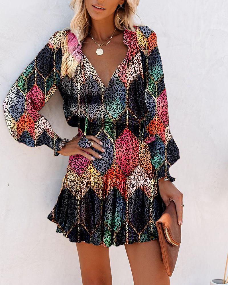 Trendy Women's Print V-Neck Waist-Cinching Dress with Long Sleeves