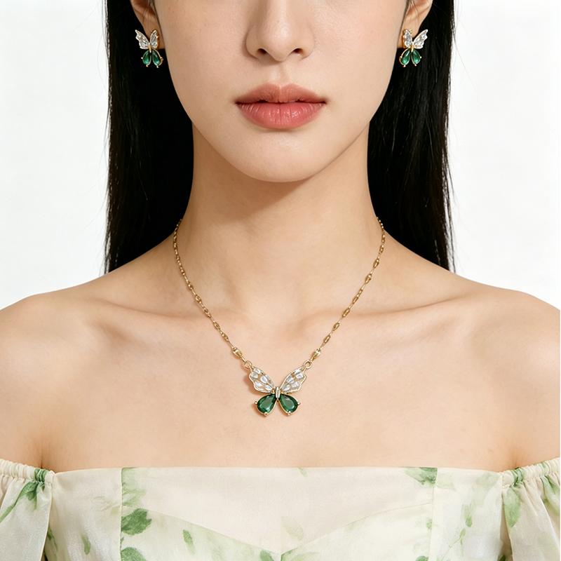 Romantic Green Butterfly Jewelry Set Elegant Zircon Pendant Necklace Earrings Trendy Fairy Jewelry Combination for Women Gift
