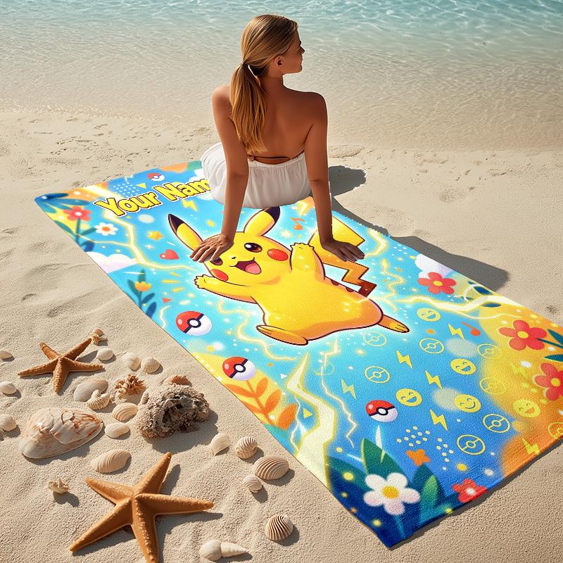 Custom Name Pikachu Jump Stylish Digital Printing Beach Towel Quick‑Drying Absorbent Blanket for Beach Pool Gym Travel