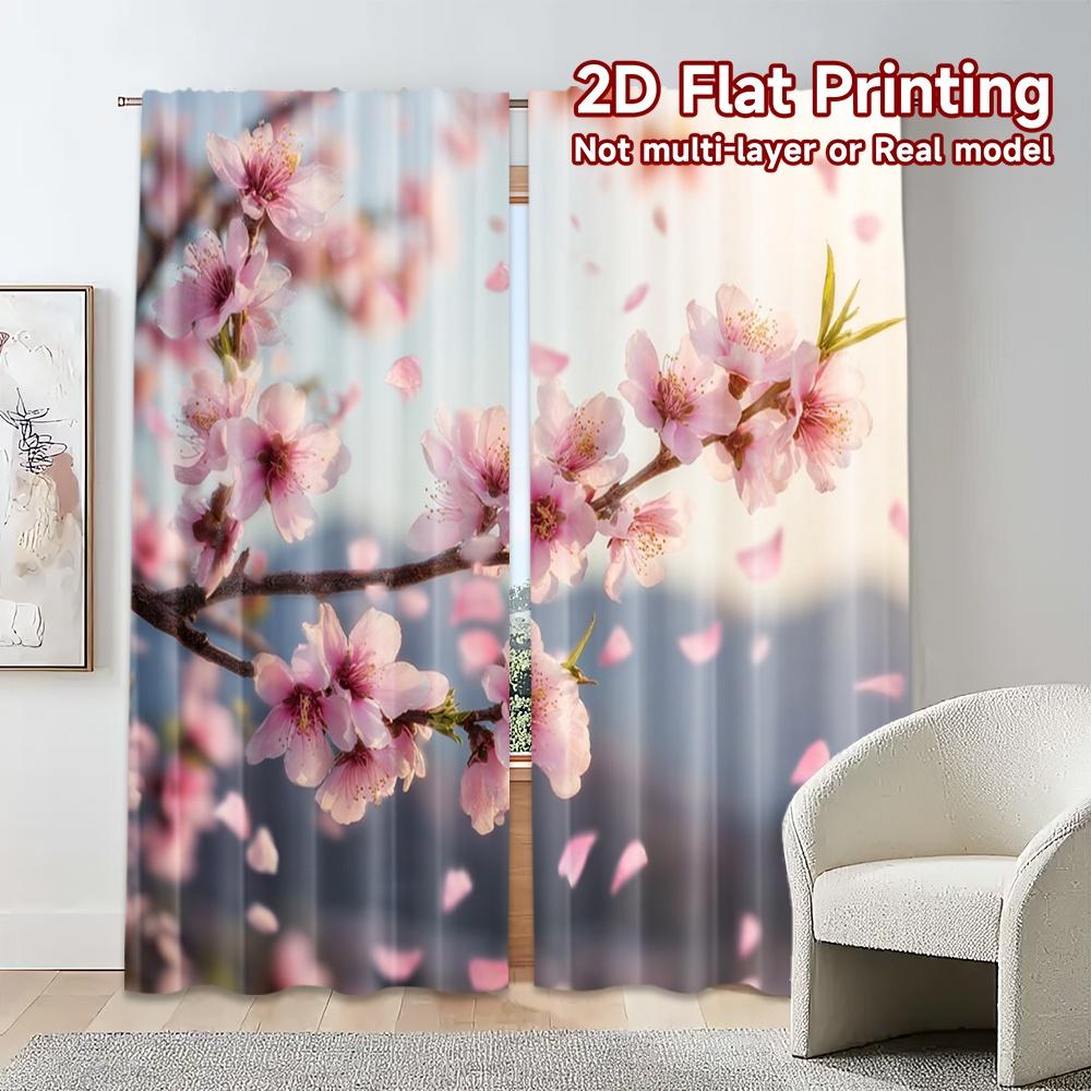 Set Of 2 Flat Printing Curtains Without Rod Spring Blossoms Chic Fabric Decorations Outdoor Curtain Sheer Made Polyester