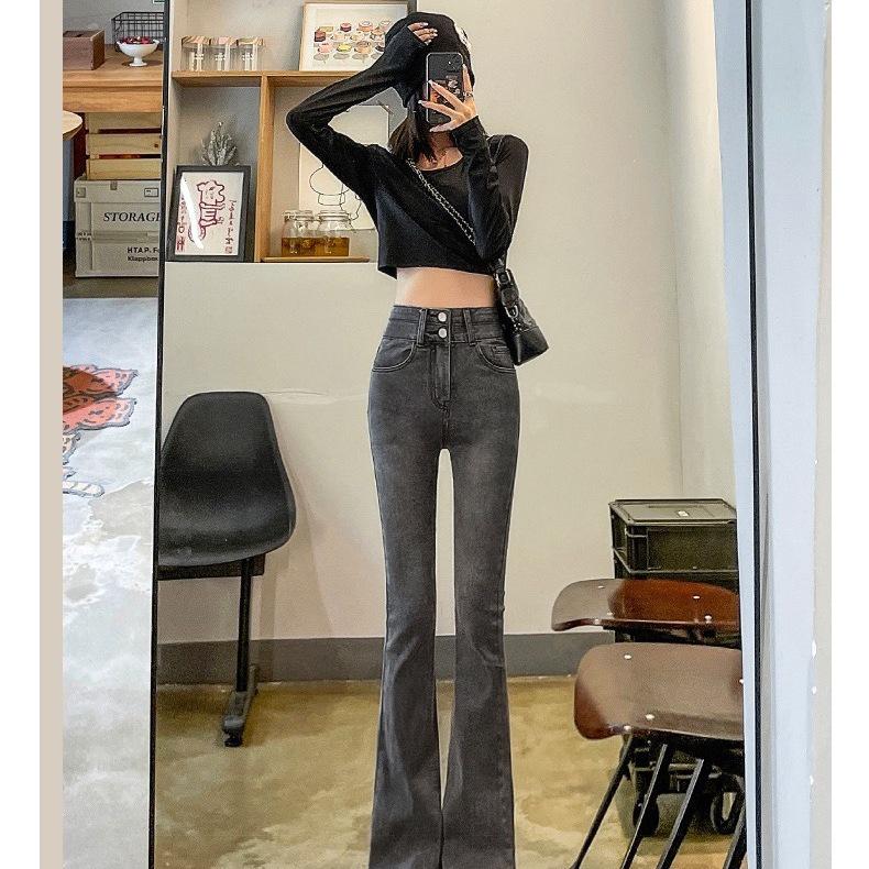 Graue High-Waist-Schlankmacher-Schlagjeans in Übergröße für Damen - Elastisch und Petite Passform, Perfekt für Herbst/Winter