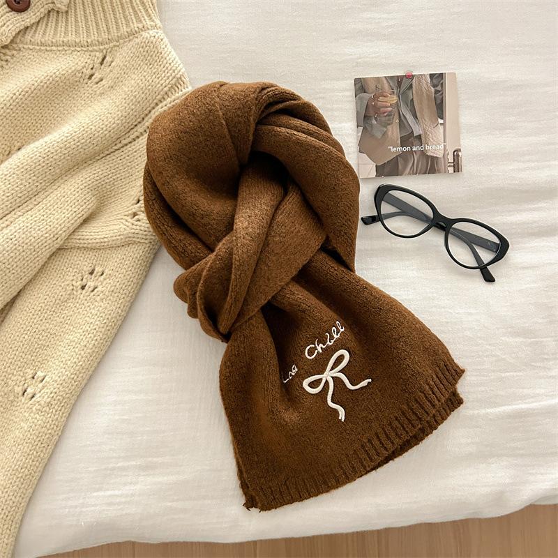 

Вышитый бант из трикотажной пряжи шарф для женщин зимой Высококачественный модный универсальный однотонный студенческий теплый шарф 170 * 25cm