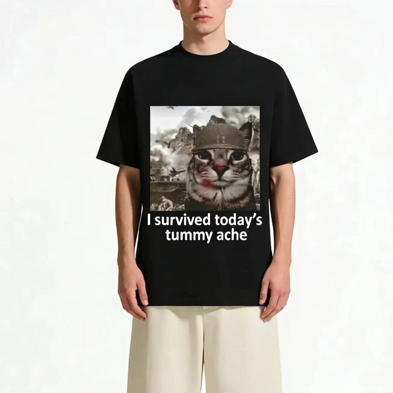 I Survived Today s Tummy Ache Funny Cat Creative Printed Short Sleeve Women Casual Summer Adult Children Parent Child Tshirt S