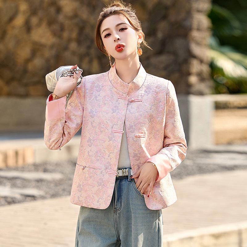 2025 Spring/Autumn Women's Chinese-Style Jacquard Coat with Frog Buttons, Stand Collar, Fashionable and Versatile (ZY8816)