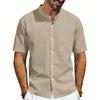 Herren Leinenmischung Hemd mit Mandarin-Kragen Kurzarm, Stehkragen Button-Down mit Brusttasche, Atmungsaktives Lässiges Sommer Oberteil mit Entspannter Passform für den Alltag