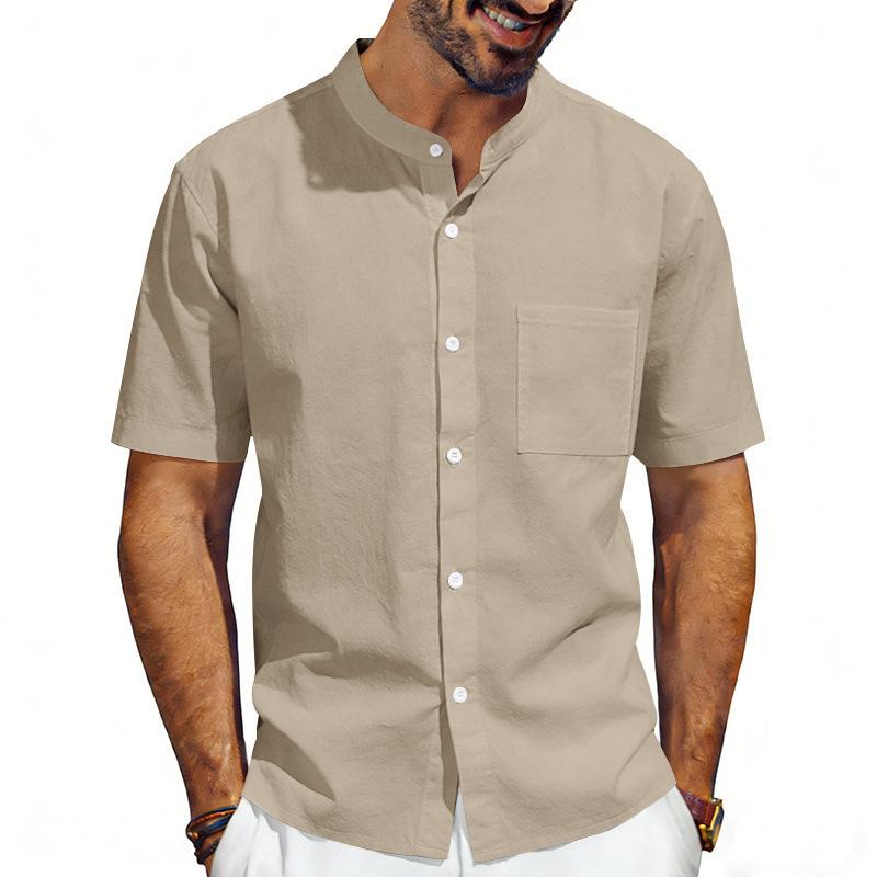Herren Leinenmischung Hemd mit Mandarin-Kragen Kurzarm, Stehkragen Button-Down mit Brusttasche, Atmungsaktives Lässiges Sommer Oberteil mit Entspannter Passform für den Alltag