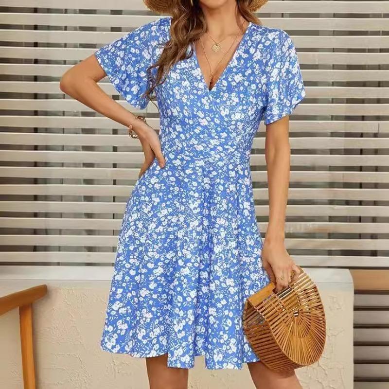 Fashion Women Summer Short Sleeved Floral Dress V-neck A-line Party Holiday Medium and Long Dresses Elegant Printed Simple Women's Clothing