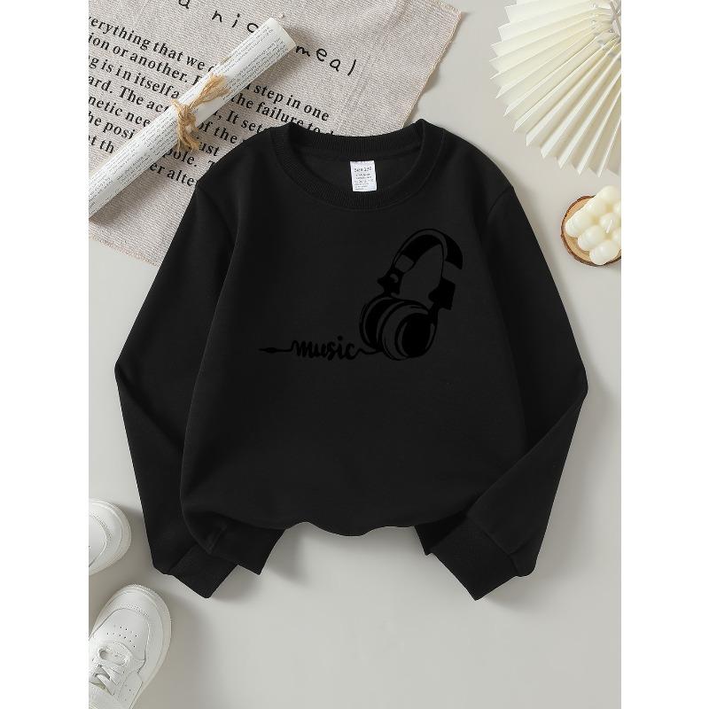 European Sizes Music Headphones Art Girls' Crew Neck Fashion Sweatshirt, Western Top, Children's Long Sleeved Casual Tee