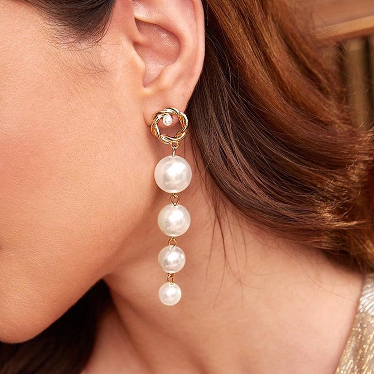 European & American Cross-Border High-End Long Tassel Faux Pearl Earrings