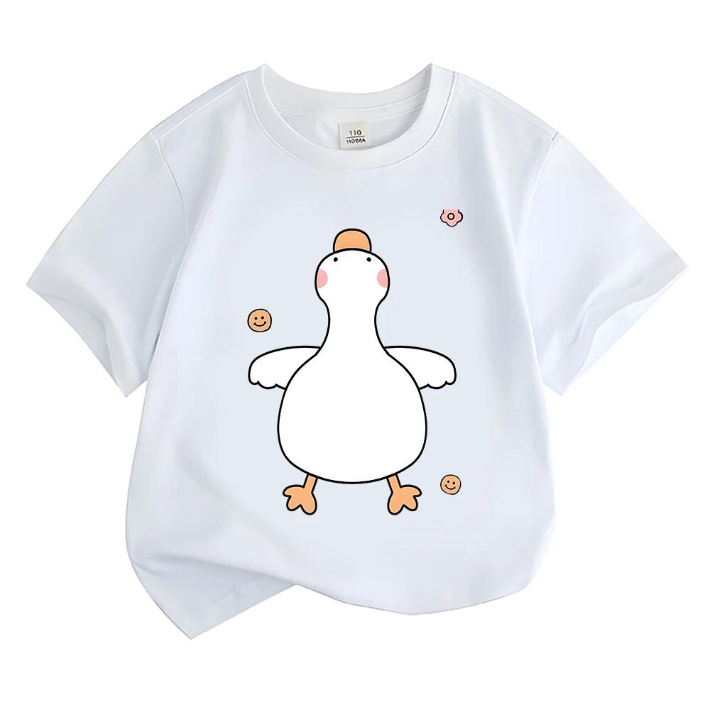 Cute Blush White Duck With Small Smile Face Pattern Graphic Print Kids Short Sleeve Tee Cartoon Animal Crew Neck Casual Daily To